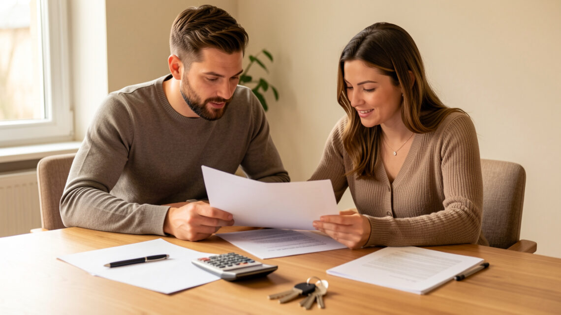 Un homme et une femme examinent ensemble un dossier de prêt immobilier sur une table, entourés de documents vierges, d’une calculatrice et de clés de logement.
