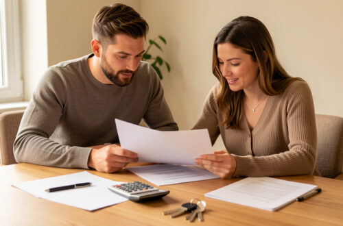 Un homme et une femme examinent ensemble un dossier de prêt immobilier sur une table, entourés de documents vierges, d’une calculatrice et de clés de logement.