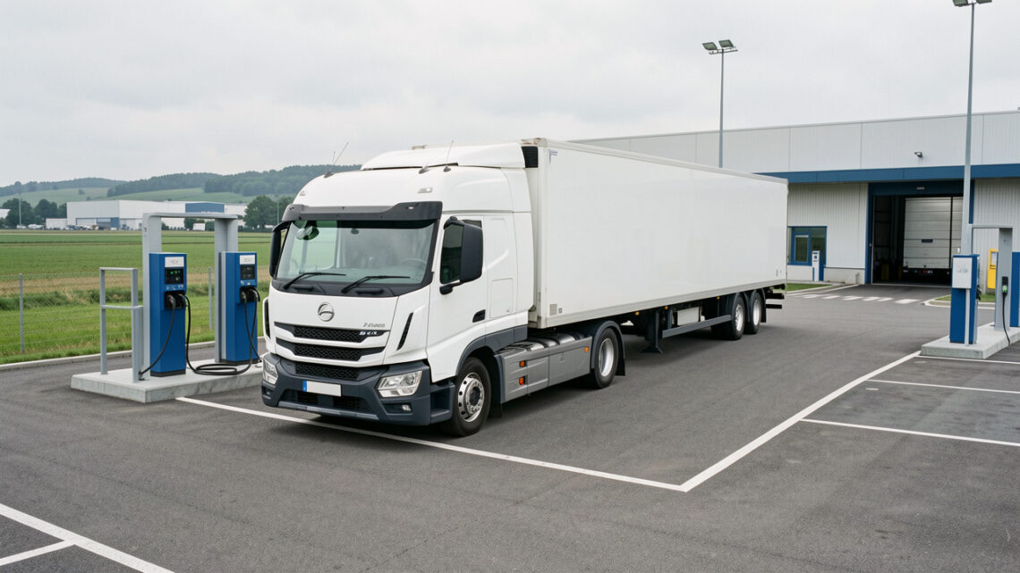 Tracteur routier électrique blanc avec semi-remorque stationné sur une plateforme logistique près de Villefranche-sur-Saône, avec des bornes de recharge pour poids lourds visibles.