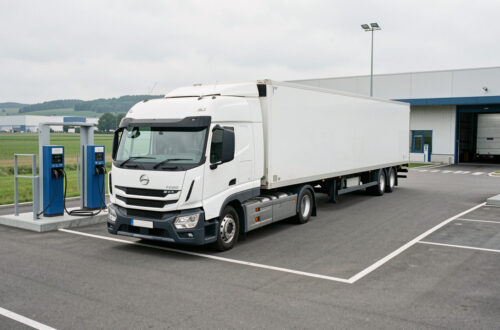 Tracteur routier électrique blanc avec semi-remorque stationné sur une plateforme logistique près de Villefranche-sur-Saône, avec des bornes de recharge pour poids lourds visibles.